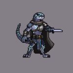  armor blue_eyes bottomwear cloak clothing crius_(offline_user) dagger digital_media_(artwork) latencyknight lizardfolk lizardman loincloth melee_weapon pixel_(artwork) reptile scalie solo weapon 