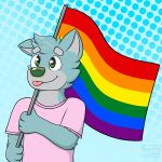  1:1 absurd_res anthro biped blep blue_body blue_fur blue_hair broitscody canid canine canis cheek_tuft clothed clothing donovan_dmc eyebrows facial_tuft flag floppy_ears fur green_eyes green_nose grey_eyebrows grey_hair hair hi_res holding_flag holding_object lgbt_pride male mammal pink_clothing pink_shirt pink_tongue pink_topwear pride_colors shirt simple_background solo t-shirt tongue tongue_out topwear tuft watermark wolf 