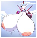  2022 4_fingers anthro areola big_breasts bloobiesus blush breasts clothed clothing digital_media_(artwork) female fingers hi_res huge_breasts hyper hyper_breasts latias legendary_pok&eacute;mon nintendo nipples pok&eacute;mon pok&eacute;mon_(species) simple_background solo video_games 