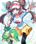  bag black_legwear blue_eyes bow brown_hair double_bun hair_bun handbag highres hyou_(hyouga617) legwear_under_shorts long_hair pantyhose pink_bow pokemon pokemon_(game) pokemon_bw2 raglan_sleeves rosa_(pokemon) shoes short_shorts shorts sneakers snivy twintails very_long_hair visor_cap yellow_shorts 