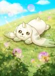  5_fingers ambiguous_gender anna0911031 bandai_namco big_ears bubble canid cat_smile cloud digimon digimon_(species) feral fingers fur grass green_markings hi_res horn lying mammal markings on_front outside plant shrub solo terriermon white_body white_fur 