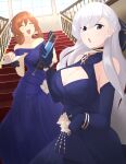  2girls :d azur_lane bare_shoulders belfast_(azur_lane) belfast_(the_noble_attendant)_(azur_lane) blue_dress braid breasts broken broken_chain cake cake_slice chain champagne_flute cleavage cleavage_cutout clothing_cutout crossover cup dress drink drinking_glass elbow_gloves evening_gown flower food french_braid girls&#039;_frontline gloves gold_necklace highres holding horie_yui i211 multiple_girls official_alternate_costume open_mouth plate rose smile spoon springfield_(girls&#039;_frontline) springfield_(queen_in_radiance)_(girls&#039;_frontline) stairs voice_actor_connection white_flower white_rose 