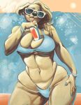  absurd_res anthro belly beverage big_breasts bikini bird_dog blonde_hair blue_bikini blue_clothing blue_swimwear breasts canid canine canis clothed clothing container cup digital_media_(artwork) domestic_dog dripping english_text eyewear female fur hair hi_res hunting_dog jewelry labrador long_hair mammal piercing retriever shaded simple_background skimpy smile solo sunglasses swimwear taylor_(thendyart) text thendyart thick_thighs tongue tongue_out topwear wide_hips yellow_body yellow_fur 