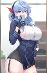  1girl absurdres ako_(blue_archive) black_skirt blue_archive blue_hair blue_jacket breasts cellphone covered_mouth highres holding holding_phone jacket kanta_(kanta_077) large_breasts looking_at_viewer miniskirt mirror pencil_skirt phone reflection selfie sideboob skirt solo 