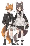  1boy 1girl absurdres animal_ear_fluff animal_ears apron black_bow black_bowtie black_choker black_dress black_footwear black_shirt boots bow bow_choker bowtie braid brother_and_sister brown_eyes brown_hair choker chu_yeon closed_mouth commentary dress fox_boy fox_ears fox_girl fox_tail frilled_apron frills green_eyes hair_bow highres kneehighs long_sleeves looking_at_viewer orange_hair project_sekai shinonome_akito shinonome_ena shirt shoes shorts siblings tail white_apron white_bow white_legwear white_shorts younger 