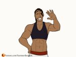  1girl abs animated animated_gif biceps black_hair dark_skin flexing hammertheshark looking_at_viewer muscular muscular_female ponytail pose smile solo sports_bra sportswear tank_top teeth waving white_background 