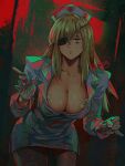  1girl arkuny blonde_hair breasts cleavage cross dorohedoro english_commentary eyepatch gloves hat highres large_breasts leaning_forward long_hair looking_at_viewer needle nikaidou_(dorohedoro) nurse nurse_cap red_cross solo 