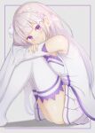  1girl absurdres arms_on_knees bangs blunt_bangs blush braid cleavage_cutout clothing_cutout crossed_arms crown_braid detached_sleeves emilia_(re:zero) flower frills grey_hair hair_flower hair_ornament head_rest highres knees_up leaning_forward long_hair looking_at_viewer mimori_(mimori_05) pleated_skirt pointy_ears purple_eyes re:zero_kara_hajimeru_isekai_seikatsu shirt sitting skirt sleeveless sleeveless_shirt smile solo thighhighs very_long_hair wide_sleeves 