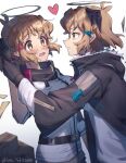  2girls arknights belt black_belt black_jacket blush box breasts brown_eyes brown_hair exusiai_(arknights) fur_trim hair_behind_ear hair_ornament hairclip halo heart highres jacket medium_breasts mostima_(arknights) multiple_girls senki_zesshou_symphogear senki_zesshou_symphogear_xd_unlimited short_hair tachibana_hibiki_(symphogear) tachibana_hibiki_(symphogear)_(another) twitter_username white_background white_jacket yukitsuba_hina yuri 