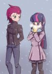  2girls black_jacket breath coat cold denim doodle green_eyes humanization jacket jeans leather leather_jacket leggings long_hair looking_at_another mittens multicolored_hair multiple_girls my_little_pony my_little_pony_friendship_is_magic pants pantyhose patty-plmh pink_coat pink_hair purple_hair red_hair scarf short_hair skirt snowing straight_hair streaked_hair sweater tempest_shadow turtleneck twilight_sparkle winter yuri 
