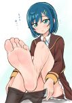  1girl aqua_background aqua_eyes barefoot blue_hair blue_ribbon blush brown_cardigan brown_skirt cardigan commentary_request delicious_party_precure eyelashes feet foot_focus foot_out_of_frame foot_up fuwa_kokone gradient gradient_background hair_ornament hairclip highres hinosaki holding legs long_sleeves looking_at_viewer medium_hair neck_ribbon panties pantyhose pantyshot parted_lips precure removing_legwear ribbon school_uniform shadow sidelocks sitting skirt soles solo sweatdrop toes translation_request underwear white_background white_panties 