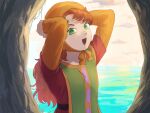  1girl :d arinsu_(kodamamaimai) cloud curly_hair dragon_quest dragon_quest_vii dress green_eyes highres hood long_hair looking_at_viewer maribel_(dq7) open_mouth orange_hair smile solo water 