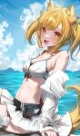  1girl :d absurdres animal_ears arknights bangs bikini blonde_hair blue_sky blush breasts character_name cloud day fang hair_ornament highres jacket long_sleeves looking_at_viewer medium_breasts navel ningen_mame ocean outdoors red_eyes short_hair sitting sky smile solo sora_(arknights) swimsuit tail white_bikini white_jacket wolf_ears wolf_girl wolf_tail 