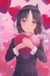  1girl balloon bangs blush closed_mouth commentary_request folded_ponytail hair_ribbon happy heart_balloon highres kaguya-sama_wa_kokurasetai_~tensai-tachi_no_renai_zunousen~ kou_futoshi long_sleeves looking_at_viewer object_hug parted_bangs pink_background red_eyes red_ribbon ribbon school_uniform serafuku shinomiya_kaguya shiny shiny_hair sidelocks smile solo uniform white_serafuku wrist_cuffs 