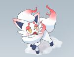  2021 absurd_res ambiguous_gender cheek_tuft cute_fangs facial_tuft feral footprint fur grey_background hi_res hisuian_zorua kemono narrowed_eyes nintendo open_mouth park_horang pawprint pok&eacute;mon pok&eacute;mon_(species) red_body red_fur regional_form_(pok&eacute;mon) simple_background snow solo steam tuft video_games walking white_body white_fur yellow_eyes 