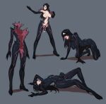  1girl all_fours black_hair bodysuit breasts covered_eyes futanari grey_background highres large_breasts living_clothes long_hair multiple_views nipples original penis simple_background sketch tarakanovich tentacle_clothes trembling 