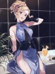  1girl arm_support bare_shoulders black_gloves blonde_hair blue_dress blush breasts brown_eyes cocktail_glass cup djeeta_(granblue_fantasy) dress drinking_glass earrings feet_out_of_frame food gloves granblue_fantasy groin hairband hand_up hashibiro_kou_(garapiko_p) highres indoors jewelry medium_breasts open_mouth pelvic_curtain plant plate ponytail short_hair side_slit sideboob sitting sleeveless sleeveless_dress smart_elegance_(granblue_fantasy) solo sweatdrop 