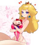  absurdres blonde_hair blue_eyes cookieeatsyou crown doll_hug earrings highres jewelry lingerie mario_(series) nintendo object_hug princess_peach underwear 