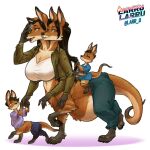  2022 amber_eyes big_breasts black_hair bottomwear breasts canid canine clothed clothing denim denim_clothing digital_media_(artwork) female fox fur furgonomics hair hi_res hybrid jacket jeans kangaroo larru-larru macropod mammal marsupial mother multi_arm multi_head multi_limb navel open_clothing open_jacket open_topwear orange_body orange_fur pants parent phone pregnant simple_background smile solo taur thick_tail topwear white_background 