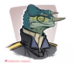  2022 anthro black_clothing black_pupils black_shirt black_topwear bust_portrait chameleon clothed clothing colored darbaras green_body horn lizard looking_aside male patreon patreon_logo patreon_username portrait pupils red_sclera reptile scalie shirt signature smile solo text topwear uniform url 