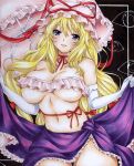  1girl absurdres blonde_hair blue_eyes blush bow breasts elbow_gloves gloves hair_bow hat highres hmdark-9 long_hair looking_at_viewer parasol parted_lips red_bow red_ribbon ribbon touhou traditional_media umbrella very_long_hair white_gloves yakumo_yukari 