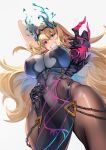  1girl absurdres arm_behind_back arm_behind_head arm_up armor bangs bare_shoulders black_dress black_gloves blonde_hair blush breasts brown_legwear chain covered_navel dress earrings elbow_gloves fairy_knight_gawain_(fate) fairy_knight_gawain_(second_ascension)_(fate) fate/grand_order fate_(series) gauntlets gloves green_eyes grin hand_on_own_stomach heterochromia highres horns jewelry large_breasts long_hair looking_at_viewer necklace pantyhose pauldrons pelvic_curtain red_eyes shoulder_armor single_gauntlet single_pauldron smile solo stretch thighs zuihou_de_miao_pa_si 