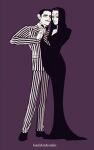  1boy 1girl addams_family black_dress black_hair bow bowtie couple dress facial_hair formal gomez_addams half-closed_eyes hetero highres holding_hands ka_ji long_dress long_hair looking_at_another morticia_addams mustache purple_background short_hair smile striped_suit suit 