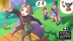  3boys absurdres blue_eyes brown_eyes brown_hair cape circlet coin dragon_quest dragon_quest_iii dragon_quest_xi facial_hair fujimura_hinami gameplay_mechanics gloves hero_(dq11) highres long_hair looking_at_viewer mario mario_(series) multiple_boys mustache open_mouth overalls roto short_hair smile super_smash_bros. sword weapon 