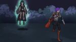  1boy 1girl armor bangs black_coat black_shorts blue_eyes blue_hair breasts bustier byleth_(fire_emblem) byleth_(fire_emblem)_(female) cape closed_mouth coat fire_emblem fire_emblem:_three_houses fire_emblem_warriors:_three_hopes flamingo_(eme324) floating gloves hair_between_eyes hair_ornament hair_over_one_eye highres large_breasts long_hair long_sleeves medium_hair meme navel pantyhose purple_eyes purple_hair red_eyes shez_(fire_emblem) shez_(fire_emblem)_(male) short_hair shorts 