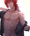  1boy abs bare_shoulders black_shirt clothes_lift diluc_(genshin_impact) genshin_impact hair_between_eyes highres ieneko13 long_hair male_focus muscular muscular_male nipples open_clothes open_mouth open_shirt ponytail red_eyes red_hair scar scar_on_chest scar_on_stomach shirt shirt_lift toned toned_male twitter_username 
