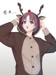  1girl absurdres animal_costume asakura_toru brown_hair colored_tips gradient gradient_background green_eyes highres hood hood_down idolmaster idolmaster_shiny_colors long_sleeves looking_at_viewer multicolored_hair onesie open_mouth parted_hair reindeer_costume short_hair sjuno solo upper_body 