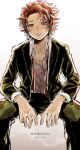 1boy blush brown_hair character_name collared_shirt dress_shirt earrings feet_out_of_frame green_jacket green_pants half-closed_eyes invisible_chair jacket jewelry kamado_tanjirou kimetsu_no_yaiba kkk_0mg looking_at_viewer male_focus neck_ribbon pants red_eyes red_ribbon ribbon scar scar_on_face scar_on_forehead shirt short_hair sitting solo twitter_username untied white_background white_shirt 
