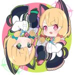  2girls :d animal_ears bangs black_footwear black_legwear black_skirt blonde_hair blue_archive blue_bow blue_necktie blush bow cat_ear_headphones cat_ears cat_tail chibi collared_shirt commentary_request fake_animal_ears flower green_background green_eyes hair_bow halo headphones jacket long_hair long_sleeves low_twintails midori_(blue_archive) momoi_(blue_archive) multiple_girls necktie nyaru_(nyaru_4126) open_clothes open_jacket pink_background pink_eyes pink_flower pleated_skirt red_bow rotational_symmetry shirt shoes siblings sisters skirt sleeves_past_wrists smile tail thighhighs twins twintails two-tone_background v-shaped_eyebrows white_background white_jacket white_shirt wide_sleeves 