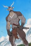 abs anthro bottomwear brown_body brown_eyes bulge canyne_khai cervid chest_tuft clothed clothing hi_res horn katana loincloth looking_at_viewer male mammal melee_weapon muscular muscular_male navel partially_clothed pubes solo sword thick_thighs topless tuft weapon 