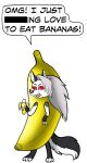  anthro banana banana_costume boss canid canid_demon clothing costume demon female food food_costume fruit hellhound helluva_boss helluvaboss kigtoons loona_(helluva_boss) mammal plant solo vixdojofox 