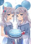 2girls :d animal_ears asymmetrical_hair balloon birthday birthday_cake blue_eyes blue_hair blue_hoodie blue_skirt blush cake cat_ears commentary cowboy_shot dual_persona english_commentary fish_tail flat_chest food gawr_gura grey_hair hair_cubes hair_ornament happy_birthday hexagon highres holding holding_cake holding_food hololive hololive_english hood hood_down hoodie kemonomimi_mode licking_lips long_hair looking_at_viewer medium_hair multicolored_hair multiple_girls official_alternate_costume open_mouth shark_hair_ornament shark_print shark_tail sharp_teeth shirt short_twintails side_ponytail simple_background skirt skirt_set sleeveless sleeveless_shirt smile standing streaked_hair tail teeth ten-chan_(eternal_s) tongue tongue_out twintails two-tone_hair two_side_up upper_teeth virtual_youtuber white_background white_shirt 