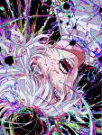  1girl absurdres black_background bullet_hole colorful highres open_mouth original paint paint_splatter rakugaki_choo shirt teeth upside-down white_hair white_shirt 