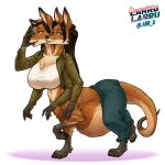  2022 amber_eyes big_breasts black_hair bottomwear breasts canid canine clothed clothing denim denim_clothing digital_media_(artwork) female fox fur furgonomics hair hi_res hybrid jacket jeans kangaroo larru-larru macropod mammal marsupial multi_arm multi_head multi_limb navel open_clothing open_jacket open_topwear orange_body orange_fur pants phone pregnant simple_background smile solo taur thick_tail topwear white_background 