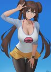  1girl absurdres bangs black_legwear blue_background blue_eyes blue_sleeves blush breasts brown_hair cleavage collarbone double_bun grin hair_bun highres large_breasts legwear_under_shorts long_hair long_sleeves looking_at_viewer pantyhose pokemon pokemon_(game) pokemon_bw2 raglan_sleeves rosa_(pokemon) shirt short_shorts shorts sidelocks simple_background smile solo thighs twintails v white_shirt yellow_shorts zaphn 