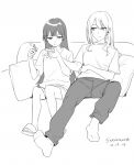  2girls :| artist_name casual chestnut_mouth closed_mouth couch dated earrings full_body hair_ornament hairclip higuchi_kaede holding_hands jewelry long_hair monochrome multiple_girls nail_clippers nijisanji no_shoes pants pillow sandals shirt side-by-side signature sitting socks soramame_(corndog) sweatpants t-shirt tsukino_mito v-shaped_eyebrows 