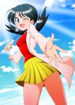  1girl ;d bangs blue_eyes blue_hair blue_sky blush cloud coat jewelry kris_(pokemon) looking_at_viewer necklace one_eye_closed open_clothes open_coat open_mouth pleated_skirt pokemon pokemon_adventures red_shirt shirt skirt sky smile solo takappe twintails white_coat yellow_skirt 