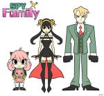  1boy 2000s_(style) 2girls ahoge anya_(spy_x_family) bangs bare_shoulders black_dress black_footwear black_gloves black_hair blonde_hair blush bobby_socks breasts brown_background cartoon_network cartoonized cleavage copyright_name cover cowboy_shot dagger director_chimera_(spy_x_family) dress dvd_cover empty_eyes expressionless family father_and_daughter fingerless_gloves flower formal gimmie20dollas gloves gold_hairband green_eyes green_suit hair_flower hair_ornament heart highres husband_and_wife knife large_breasts long_hair long_sleeves looking_at_viewer looking_down male_focus mother_and_daughter multiple_girls necktie object_hug peanut pink_hair red_eyes red_necktie shirt shoes short_hair sidelocks simple_background sleeveless sleeveless_dress smile socks spy_x_family stiletto_(weapon) stuffed_animal stuffed_toy suit toon_(style) twilight_(spy_x_family) twitter_username weapon white_background white_legwear white_shirt yor_briar 