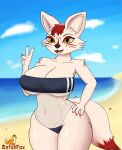  absurd_res anthro arturfox beach big_breasts bikini breasts canid canine cheek_tuft clothing dipstick_tail facial_tuft female fox gesture gris_swimsuit hand_on_hip hi_res looking_at_viewer mammal markings meme meme_clothing nipple_outline one-piece_swimsuit open_mouth open_smile orange_eyes outside portrait seaside simple_background smile solo standing swimwear tail_markings three-quarter_portrait translucent translucent_clothing translucent_swimwear tuft v_sign 
