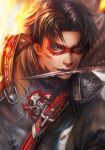  1boy black_hair blood dc_comics domino_mask holding holding_weapon jason_todd knife knife_in_mouth light male_focus mask red_hood_(dc) red_mask scar solo teeth upper_body weapon yang_fan 