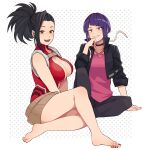  2girls :d absurdres audio_jack barefoot black_choker black_eyes black_hair black_jacket black_pants boku_no_hero_academia breasts center_opening choker clenched_teeth earplugs highres jacket jirou_kyouka kobaji large_breasts legs looking_at_viewer multiple_girls nail_polish open_mouth pants pink_shirt polka_dot polka_dot_background purple_eyes purple_hair red_nails shirt short_hair sleeveless smile soles teeth toenail_polish toenails toes upper_teeth white_background yaoyorozu_momo 