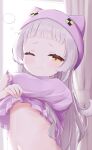  1girl absurdres bangs blunt_bangs blurry blurry_background blush closed_mouth clothes_lift cocozasa commentary_request crossed_arms curtains eyelashes flat_chest frilled_shirt frills grey_hair highres hololive lifted_by_self long_hair long_sleeves looking_at_viewer murasaki_shion navel one_eye_closed purple_headwear purple_shirt shiny shiny_hair shiny_skin shirt shirt_lift short_eyebrows sidelocks sleepwear sleepy solo stomach undressing virtual_youtuber window 