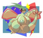  2022 4_fingers absurd_res anthro areola big_areola big_breasts big_nipples big_tail breasts digital_media_(artwork) eyelashes female fingers flygon green_areola green_body green_nipples hi_res huge_breasts huge_tail looking_at_viewer markings nintendo nipples nude pok&eacute;mon pok&eacute;mon_(species) puffy_nipples red_eyes shaded simple_background smile smiling_at_viewer solo sparkles striped_markings striped_tail stripes tail_markings thick_thighs video_games wave waving_at_viewer wings zantanerz_(artist) 