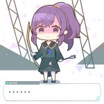  ... 1girl absurdres arrow_(projectile) asahina_mafuyu bag_(bag5843752) black_footwear black_sailor_collar black_serafuku black_shirt black_skirt bow_(weapon) chibi closed_mouth commentary_request dialogue_box hair_ornament hair_scrunchie high_ponytail highres holding holding_arrow holding_bow_(weapon) holding_weapon looking_at_viewer pleated_skirt ponytail project_sekai purple_eyes purple_hair sailor_collar school_uniform scrunchie serafuku shaded_face shirt shoes skirt solo spoken_ellipsis translation_request weapon yellow_scrunchie 