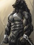  abs absurd_res animal_genitalia anthro balls biceps black_body black_fur canid canine canis eyes_closed fur genitals hi_res male mammal muscular muscular_anthro muscular_male nightarm nipples pecs restrained sheath solo wolf 