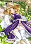  1girl absurdres blonde_hair clothes_lift hat highres hmdark-9 leaf lifted_by_self long_hair looking_at_viewer lying moriya_suwako on_back panties pyonta skirt skirt_lift smile solo touhou traditional_media underwear white_legwear yellow_eyes 